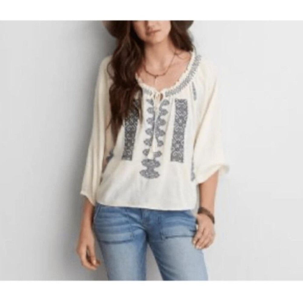 American Eagle Outfitters Cream & Blue Boho Festival Peasant Top Size Small